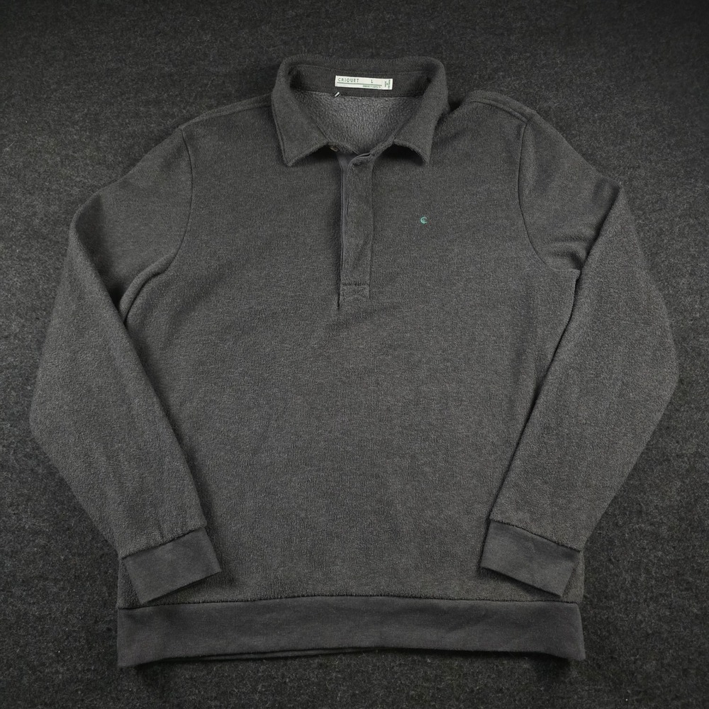 Criquet Grey Terry Fleece Collared Sweatshirt Long Sleeve Polo Pullover Men's L